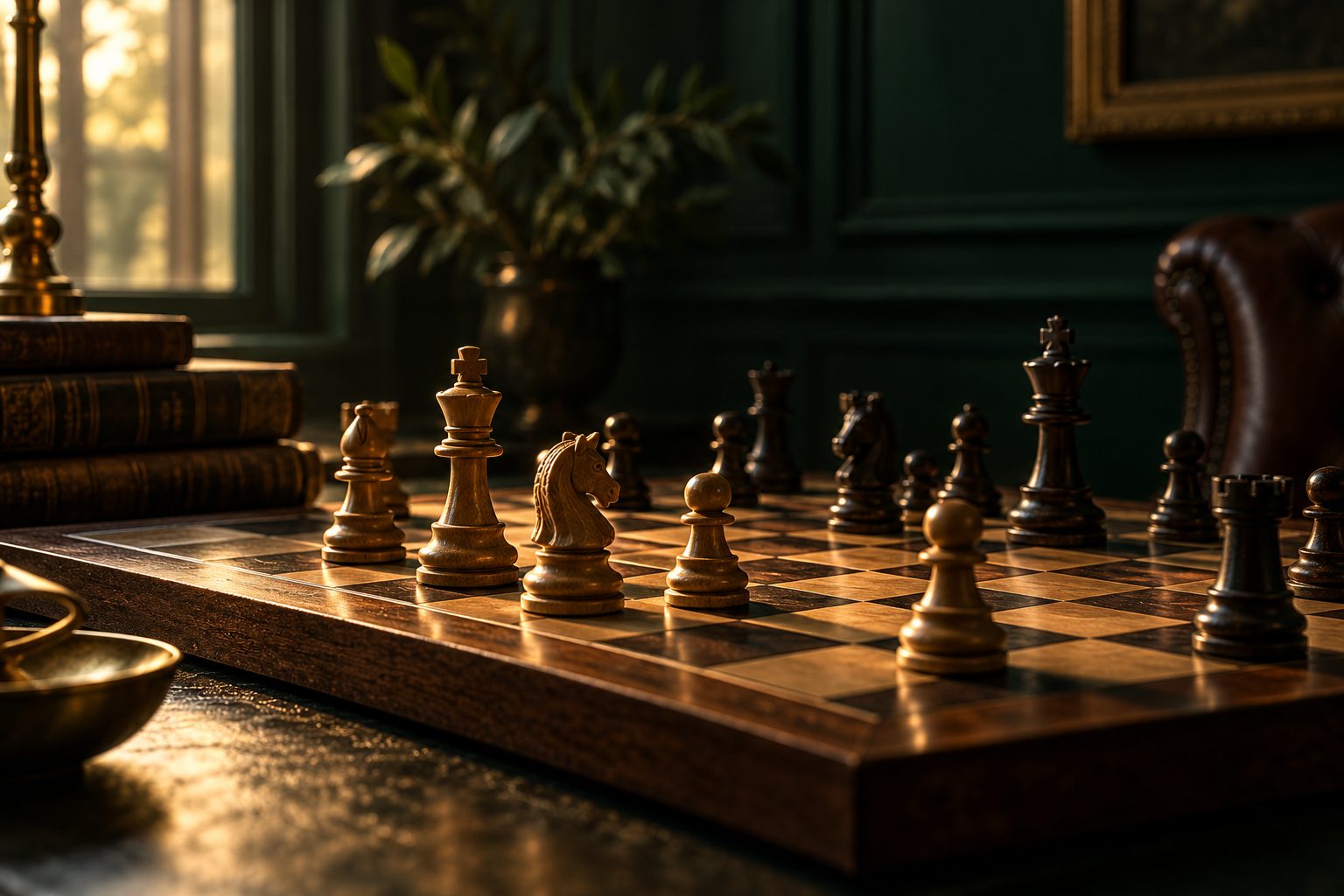 A wooden chess game in progress in a dim, wood-panelled study