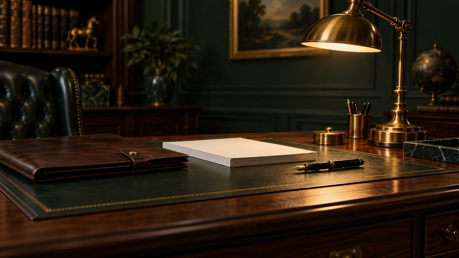 A walnut desk with a leather folder, blank papers, a fountain pen and a brass lamp