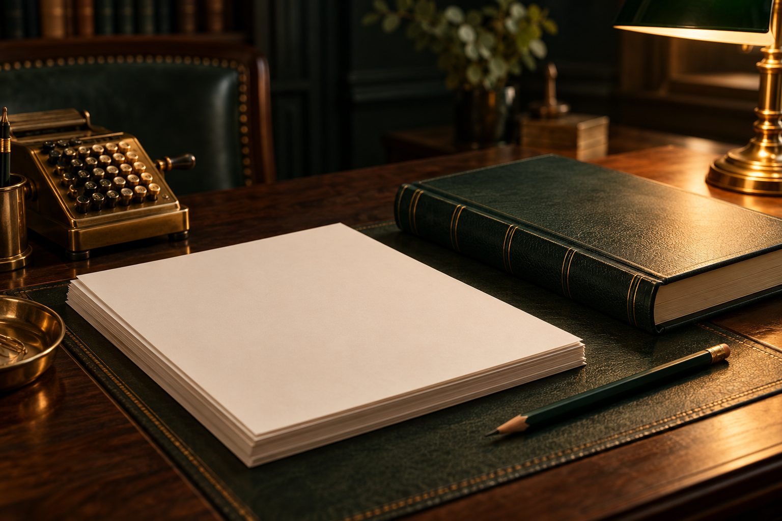 Blank paper forms, a closed ledger, a brass adding machine and a pencil on a desk