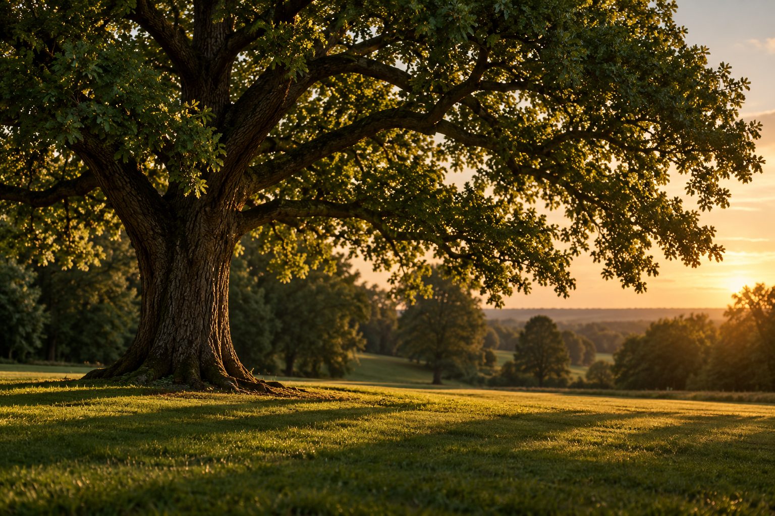 A mature oak tree in parkland at golden hour